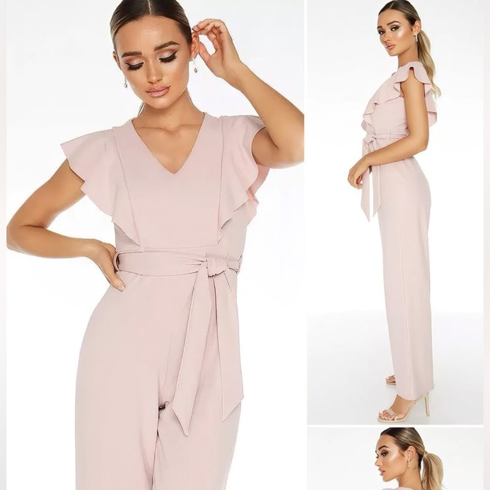 Quiz Pink Frill Belted Wide Leg Jumpsuit Romper